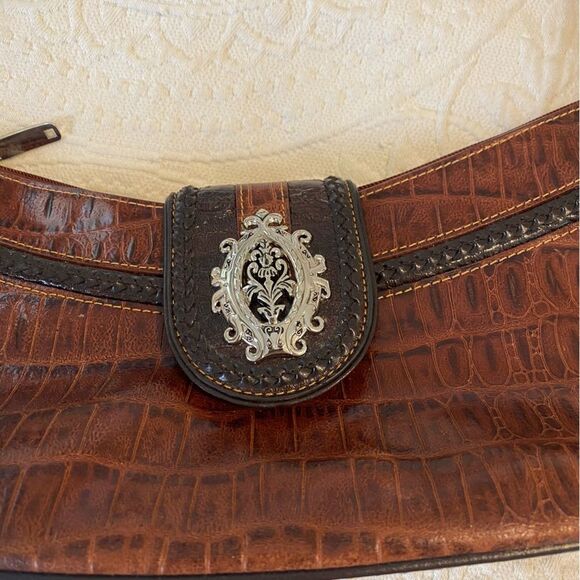 Y2K Brown Faux Alligator Embellished Shoulder Saddle Bag - Picture 2 of 13